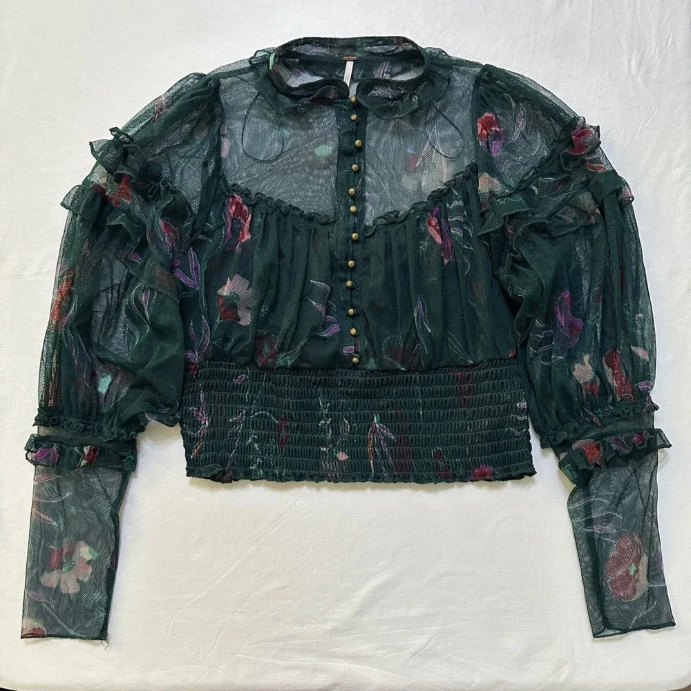 Free People Green Floral Sheer Mesh Smocked Blouse S Whimsigoth Victorian Fairy